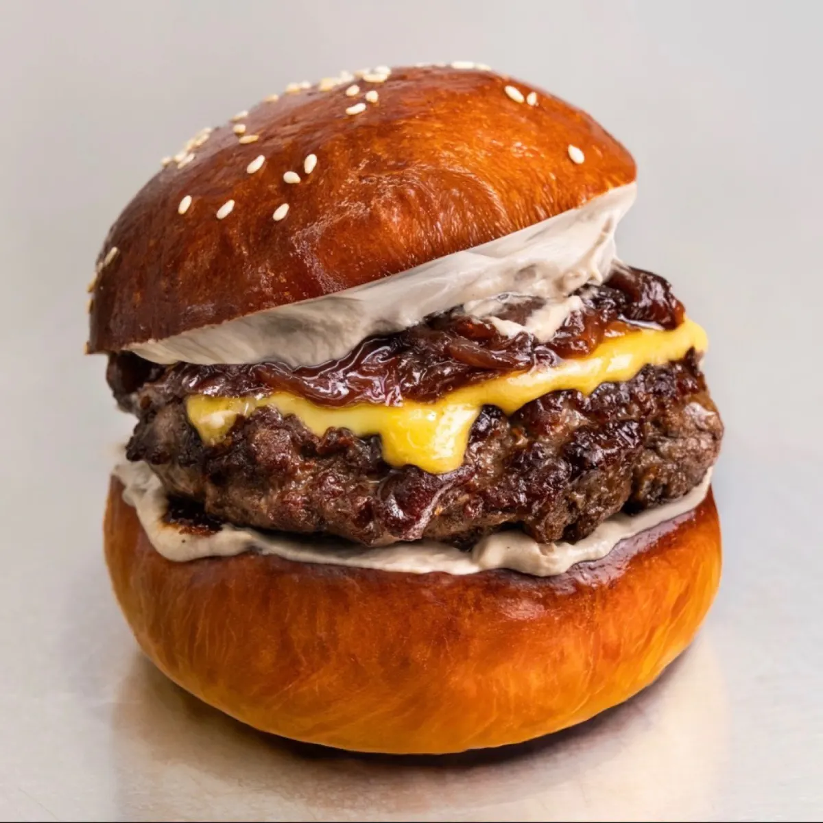 GONCHO burger with melted cheese on a sesame brioche bun